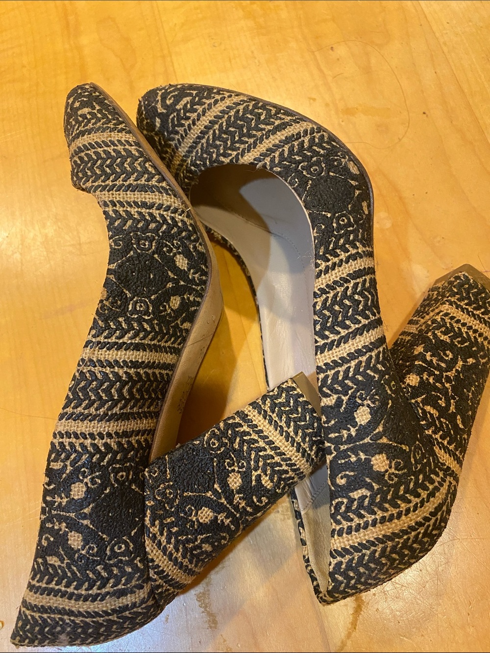 J. Crew Black and Tan Patterned Fabric Block Heel Pumps